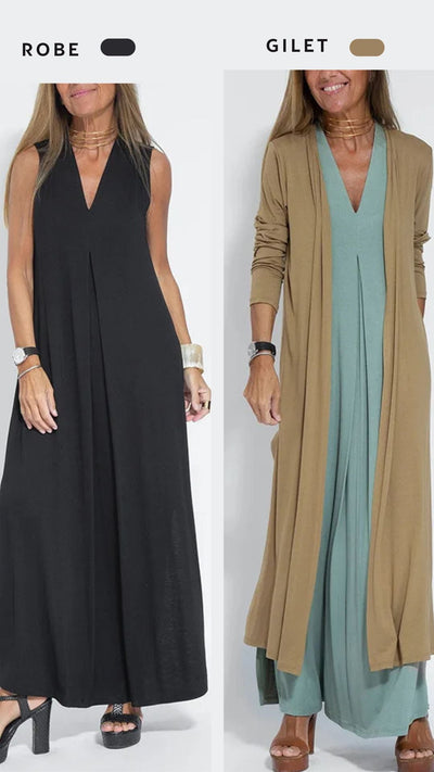 Ensemble robe longue et gilet long 2 pièces pour femmes