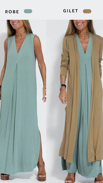 Ensemble robe longue et gilet long 2 pièces pour femmes